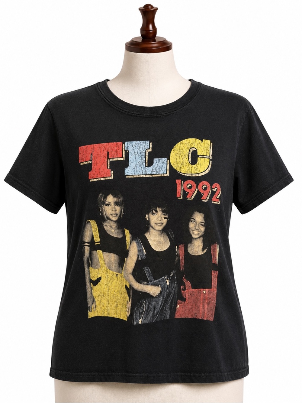 TLC 1992 Vintage Graphic Tee - Black with Red, Yellow, Blue Print